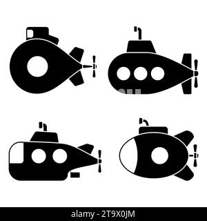 Submarines with periscope set icons isolated on white background. Underwater ship, bathyscaphe floating under sea water. Deep-sea subs for water Stock Vector