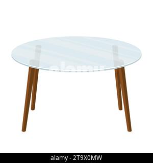 Empty glass round office table on wooden legs isolated on white background. Modern transparent coffee table icon. Furniture for interior. Stock Vector