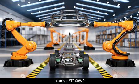 Assembly line in car factory with industrial robotic arms, 3D rendering. Stock Photo