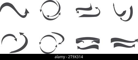 Arrow turning in a circle. Black cursor in a circle. Set of flat round arrows. Vector icons. Stock Vector