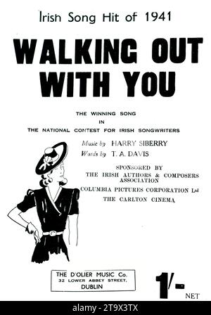 Sheet music cover of the 1941 hit Irish song 'Walking Out With You,' winner of a national songwriting contest, with music by Harry Siberry and lyrics by T.A. Davis, featuring iconic vintage design. image only. Stock Photo
