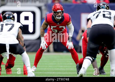 Houston, Texas, USA. 26th Nov, 2023. Houston Texans linebacker Blake Cashman (53) lines up on the line of scrimmage during the game between the Houston Texans and the Jacksonville Jaguars at NRG Stadium in Houston, TX on November 26, 2023. (Credit Image: © Erik Williams/ZUMA Press Wire) EDITORIAL USAGE ONLY! Not for Commercial USAGE! Stock Photo