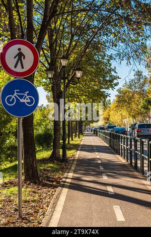 Sport public bicycle and pedestrian track or lanes beside the road Bike lane, bike path sign in summer green park. Concept of rest and relaxation, exe Stock Photo