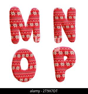 3d rendering of knitted christmas fabric alphabet - letters M-P Stock Photo