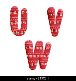 3d rendering of knitted christmas fabric alphabet - letters U-W Stock Photo
