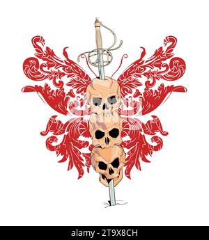 T-shirt design with three skulls skewered by a medieval sword. Illustration about the horrors of war. Stock Vector