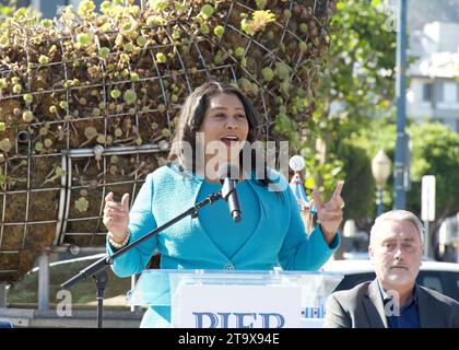 San Francisco, CA - Sept 28, 2023: Mayor London Breed speaking at the opening event for the 45th Anniversary of Pier 39 Stock Photo