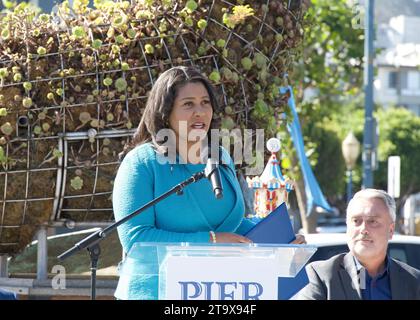 San Francisco, CA - Sept 28, 2023: Mayor London Breed speaking at the opening event for the 45th Anniversary of Pier 39 Stock Photo