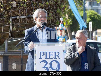 San Francisco, CA - Sept 28, 2023:  Supervisor Aaron Pesking speaking  at the opening event for the 45th Anniversary of Pier 39 Stock Photo