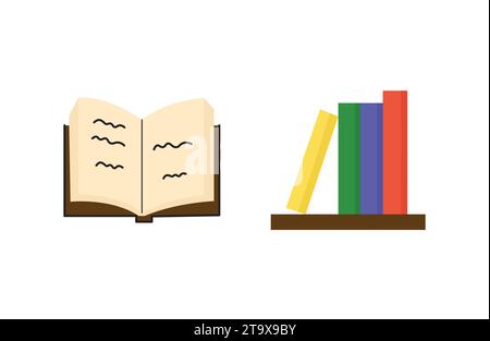 Set of illustrations with books on a shelf and opened isolated dictionary. Stock Vector