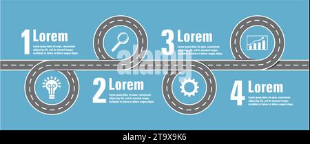 Winding road with four stops with symbolic icons. Business plan. Vector illustration. Stock Vector