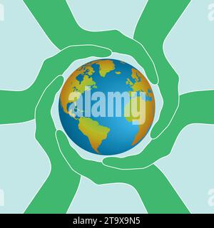 Banner with green hands holding planet Earth. Vector illustration. Stock Vector