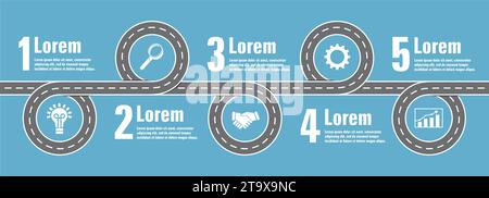 Winding road with five stops with symbolic icons. Business plan. Vector illustration. Stock Vector
