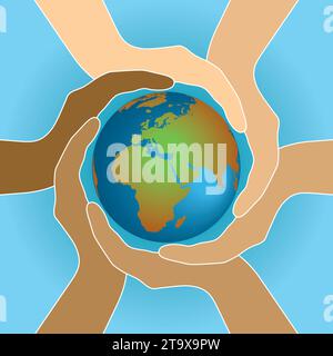 Banner with variation of colors of hands holding planet Earth. Vector illustration. Stock Vector