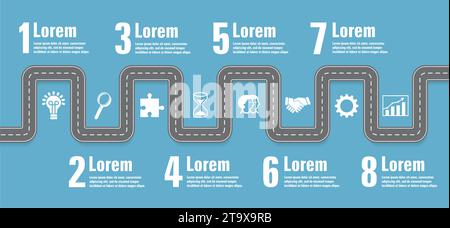 Infographic with eight steps with road plan. Vector illustration. Stock Vector