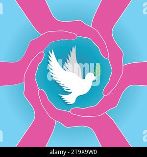 White pigeon in a frame of pink hands. Square composition. Vector illustration. Stock Vector
