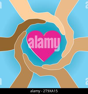 A group of hands with variation of colors protecting heart. Vector illustration. Stock Vector