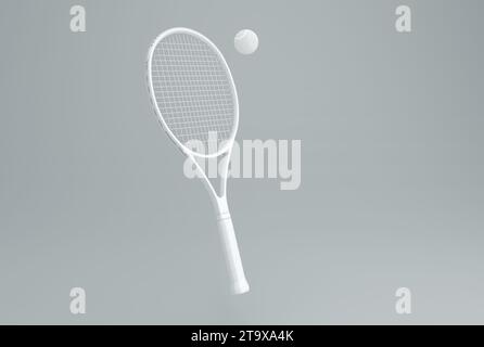 White Tennis Racket and Ball on a Gray Studio Background. Minimal concept. Monochrome. 3D render. Stock Photo