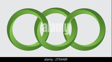 Three green circles intertwined in each other. Isolated. Vector illustration. Stock Vector