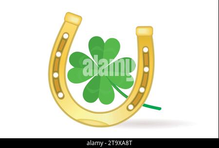 Wishing luck, horse shoe and four leaf clover. Vector illustration. Stock Vector