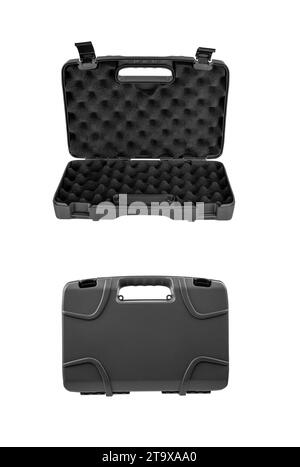 Gray plastic container with foam inside for safe storage and transportation of fragile and expensive items. Sturdy plastic case. Isolate on a white ba Stock Photo