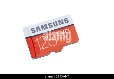 Samsung 128 GB EVO Plus high speed class microSD card object macro, extreme closeup, isolated on white background, cut out, nobody. Small data storage Stock Photo