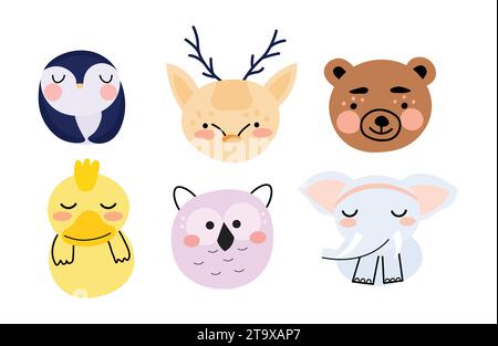 Funny animals illustrations set Scandinavian portrait style. Isolated for fabric and texture. Stock Vector