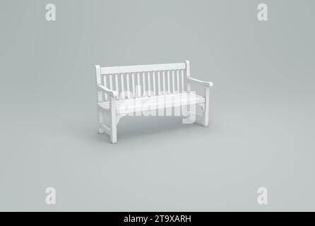 White Park Bench with back on a Gray Studio Background. Minimal concept. Monochrome. 3D render. Stock Photo