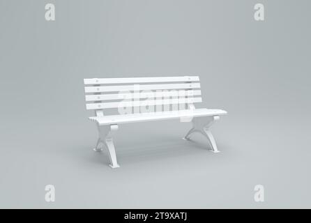 White Classic Park Bench with back on a Gray Studio Background. Minimal concept. Monochrome. 3D render. Stock Photo