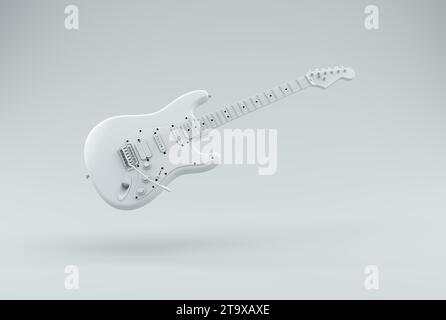 White Electric Guitar on a Gray Studio Background. Minimal concept. Monochrome. 3D render. Stock Photo