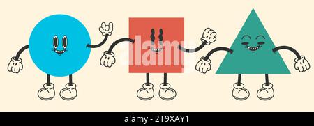 Geometric shapes cartoon groovy retro style  Stock Vector