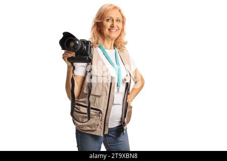 Female photo journalist with camera in her hand isolated on white background Stock Photo