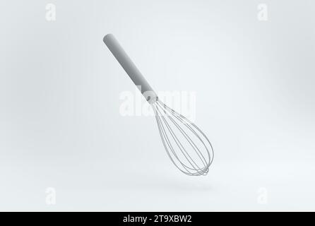 Gray Whisk on a White Studio Background. Minimal concept. Perspective view. Monochrome. 3D render. Stock Photo