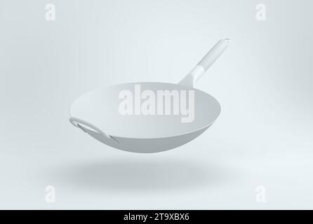 Gray Frying Pan Wok on a White Studio Background. Minimal concept. Perspective view. Monochrome. 3D render. Stock Photo