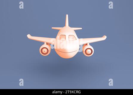 White Orange Toy Plane on a Blue Background. Transport concept. Cartoon Style. 3D Render Illustration. Stock Photo
