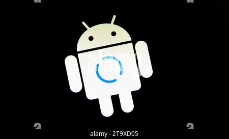 Android logo phone update installing, loading screen, smartphone display closeup. Updating mobile device firmware, software upgrade concept Stock Photo