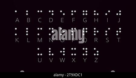 Braille Alphabet Guide A-Z Visually Impaired Writing System Symbol Formed out of White Spheres on a Black Background. 3D Render. Stock Photo