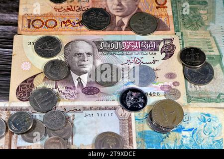 Collection of Old Arabian money banknotes and coins from different countries, Tunisia, Algeria, Morocco, Lebanon, and other Arab countries, vintage re Stock Photo