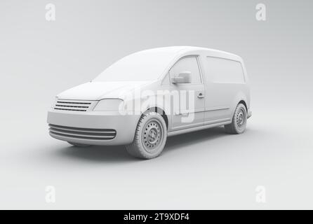 White Car Van on a Gray Studio Background. Minimal concept. Perspective view. Monochrome. 3D render. Stock Photo
