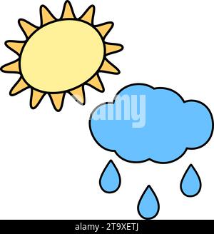 Stylized image of the sun and clouds with drops. Simple design concept for icon weather conditions in trendy marker colors. Isolate. EPS. Vector for pointer, cards or web, tag and other different uses Stock Vector