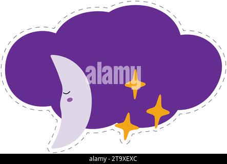 Cloud and moon and stars. Magical cute character with decorative elements. Sticker with dotted line in trendy mystic shades. Isolate. EPS. Vector illustration for pointer, web and other different uses Stock Vector