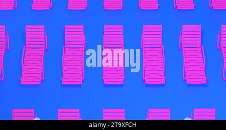 Pink Summer Beach Chairs on a Blue Studio Background. Minimal concept. Perspective view. 3D render. Stock Photo
