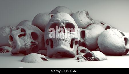 Pile of White Skulls with Dark Red Shadow on a Grey Studio Background. 3D render. Stock Photo