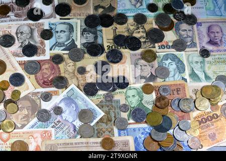 Old money currency of banknotes and coins from different countries of the world, world economy during different times concept, inflation, vintage retr Stock Photo