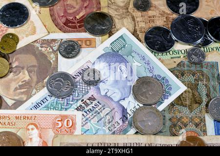 Old money currency of banknotes and coins from different countries of the world, world economy during different times concept, inflation, vintage retr Stock Photo