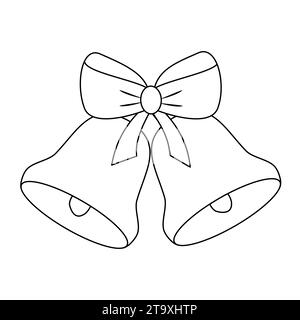 Two jingle bells with bow, doodle style flat vector outline illustration for kids coloring book Stock Vector