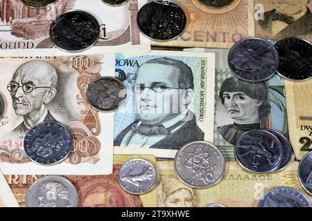 Old money currency of banknotes and coins from different countries of the world, world economy during different times concept, inflation, vintage retr Stock Photo