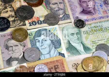 Old money currency of banknotes and coins from different countries of the world, world economy during different times concept, inflation, vintage retr Stock Photo