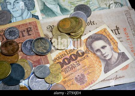 Old money currency of banknotes and coins from different countries of the world, world economy during different times concept, inflation, vintage retr Stock Photo