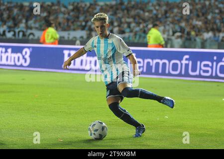 Avellaneda, Argentina. 27th Nov, 2023. Baltasar Rodriguez from Racing Club dribbles with the ball during the match between Racing Club vs. Belgrano (Cba.). Credit: Workphotoagencia/Alamy Live News Stock Photo
